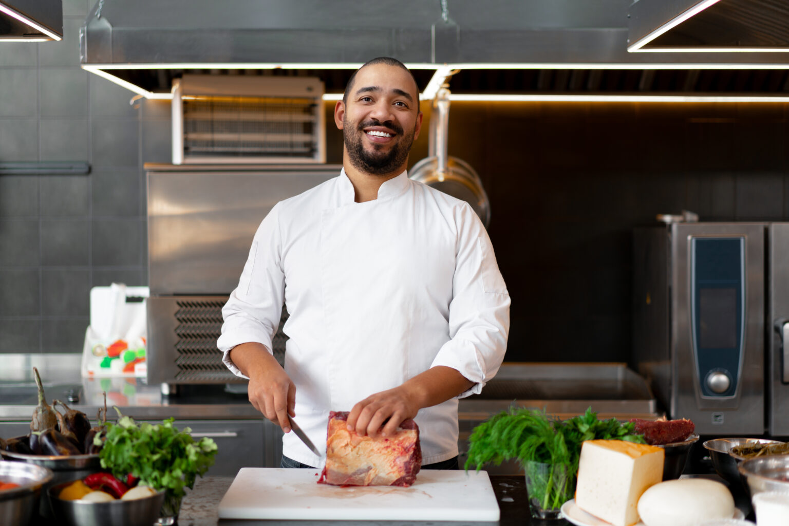 Handsome,young,african,chef,standing,in,professional,kitchen,in,restaurant